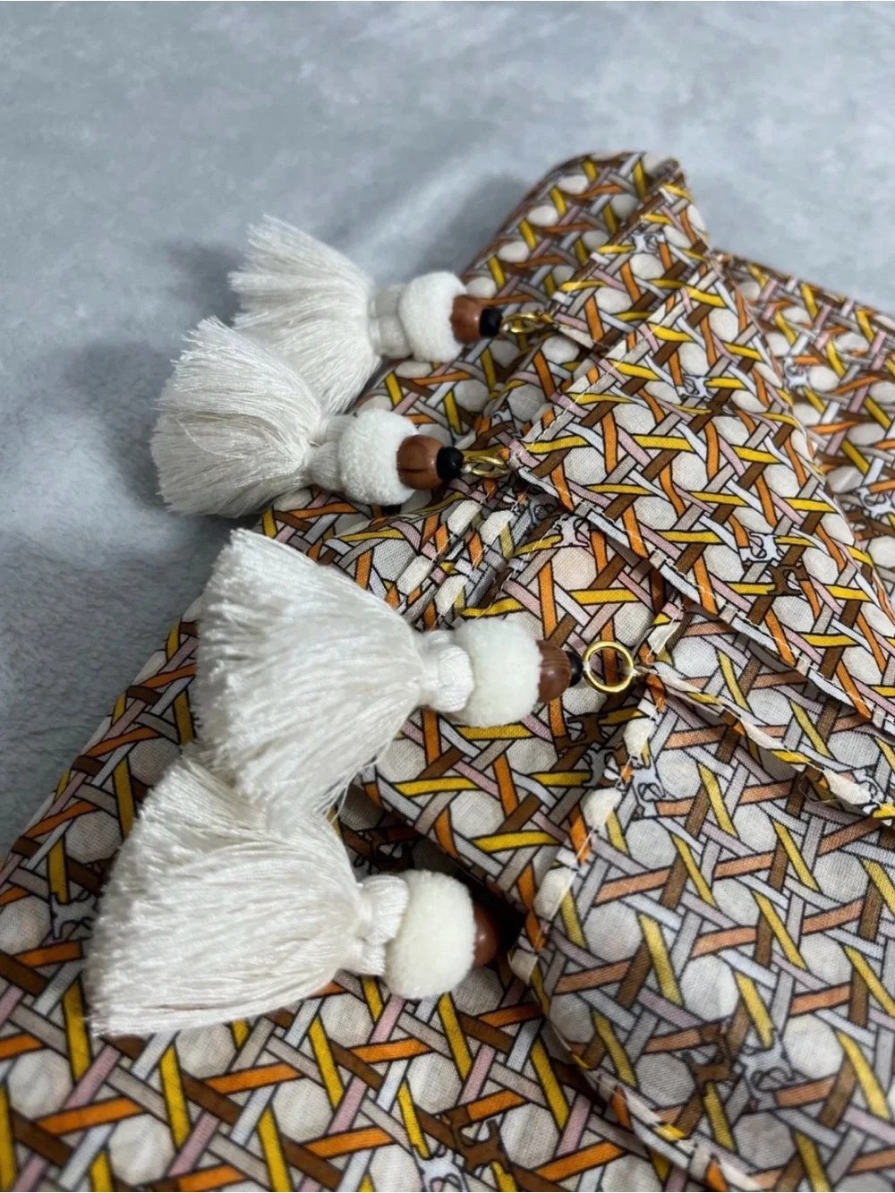 Tory Burch Brown and Cream Geometric Tassel Throw
